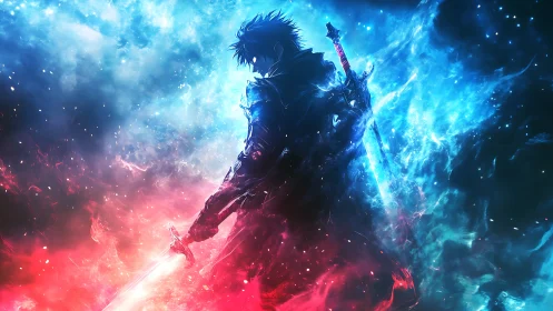 Bicolor energy warrior silhouette with dual swords in nebula field