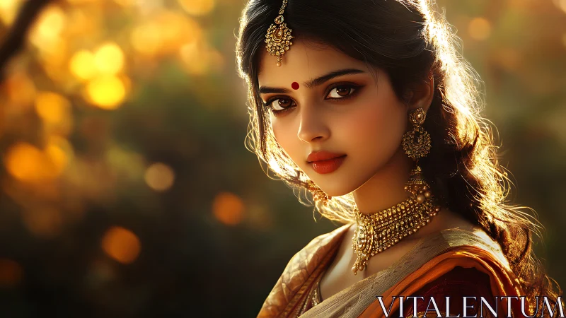 Backlit portrait of woman in ornate Indian jewelry and sari