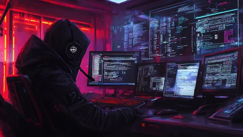 Cyberpunk hacker at neon-lit multi-monitor command center.