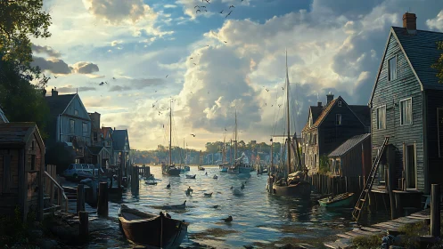 Harbor of Reverie: Where Sailboats Dream Among Weathered Wharves.