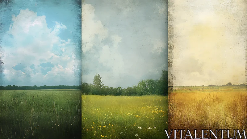 Triptych landscape shows seasonal change across open fields