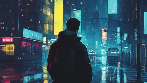 Solitary figure observes neon city streets in cold rain.