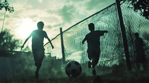 Silhouetted children run toward soccer ball near chain fence