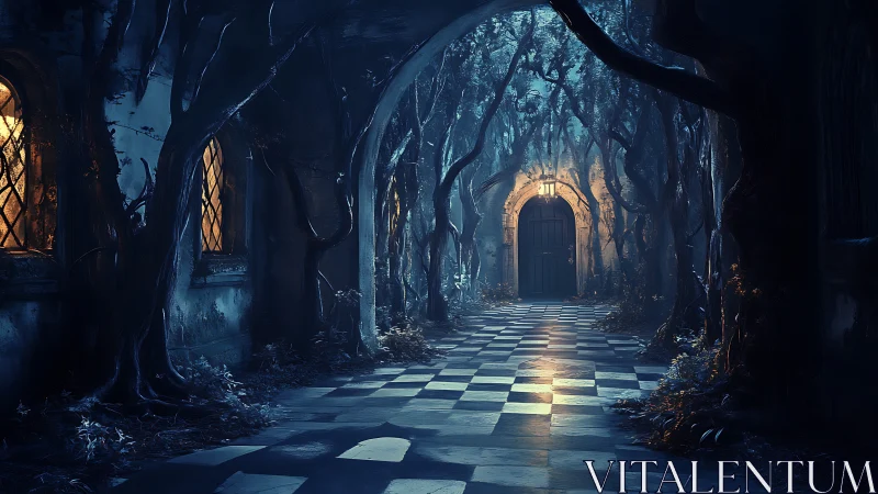 Enchanted Gothic corridor with twisted trees and lamplit door.