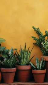 Succulent container arrangement against textured ochre plaster wall