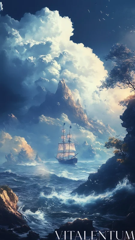 Stormlit tall ship wandering through towering dream seas.