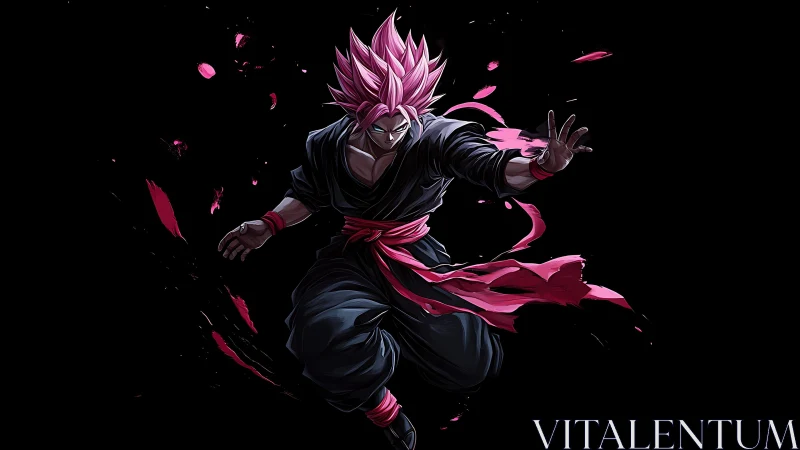 Pink haired anime fighter in black outfit on dark background.