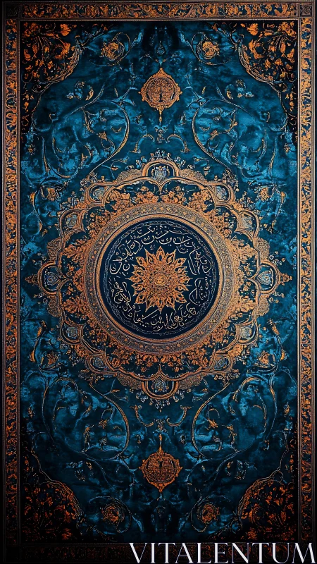 Ornate teal gold Islamic mandala with central calligraphy panel.