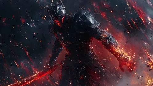 Flaming dark knight strides through a storm of molten embers