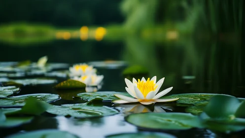 Serene white waterlily blooms drift calmly across green pond