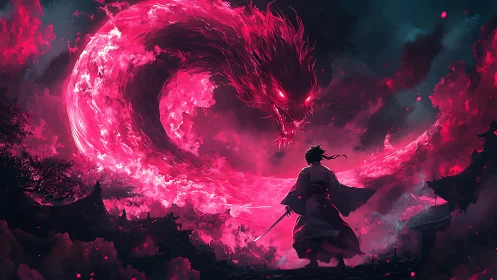 Samurai silhouette versus vortex dragon in neon inferno digital painting.