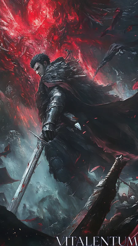 Dark armored swordsman under raging crimson storm.