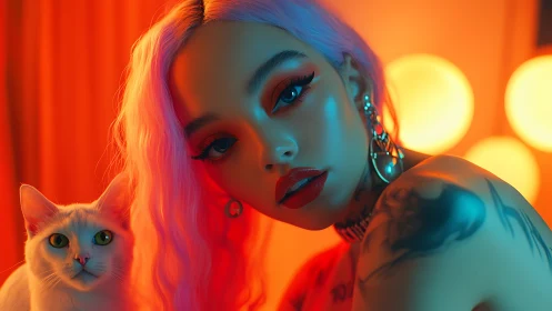 Neon lit woman and white cat share a bold electric glow together
