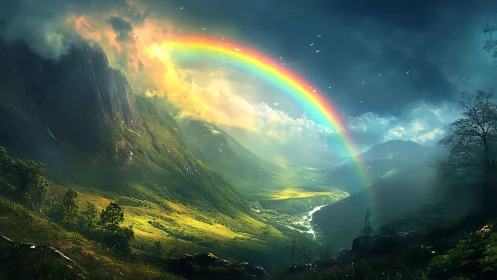 Rainbow arc crowns a mythic valley of stormlit emerald light.