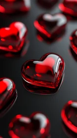 Red glass hearts arranged on gray reflective surface display luminous properties