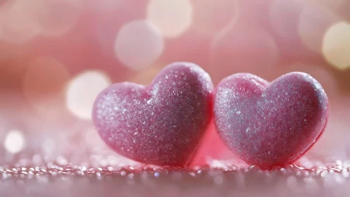 Two heart-shaped objects with glitter surface positioned on textured ground