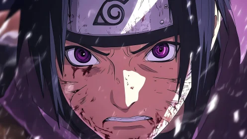 Injured anime warrior with headband and intense gaze.