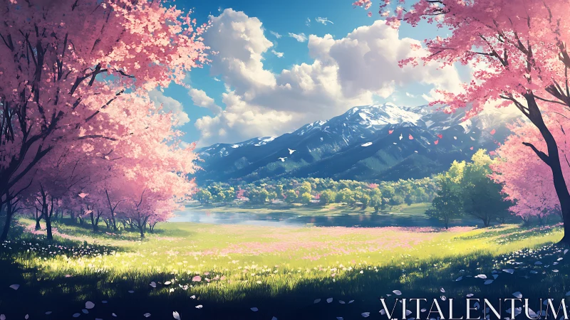 Gentle spring valley wrapped in soft cherry blossom light.