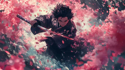 Kinetic katana strike amid turbulent cherry blossom vortex.