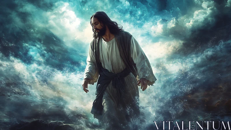 Figure in white robe walking across turbulent ocean surface