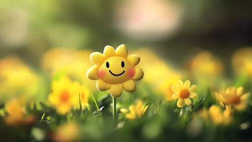 Smiling cartoon sunflower brightens a dreamy spring meadow