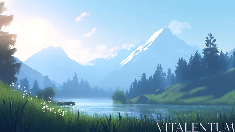 Sunlit alpine lake beneath misty snow-capped peaks.