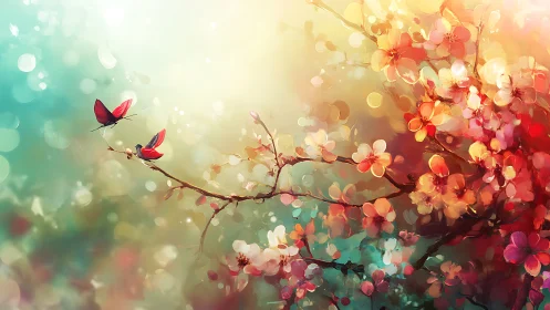 Spring blossoms and red butterflies in radiant dreamscape.