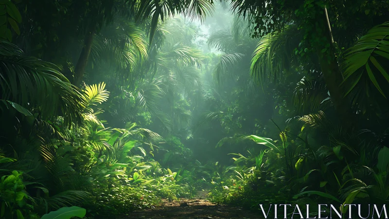 Dense Tropical Jungle Path Lit by Filtered Sunlight.