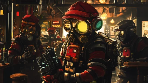 Gas-masked explorers gather in a dim, neon-lit tavern.