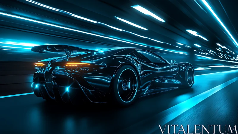 Futuristic sports car moves through illuminated tunnel corridor