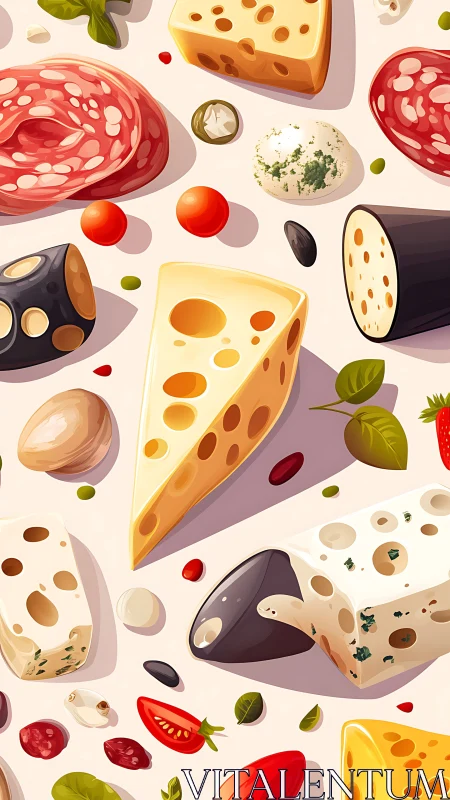 Cheese wedges, charcuterie slices, and assorted garnishes.