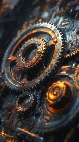 Macro view of interlocking brass clockwork gears in patina