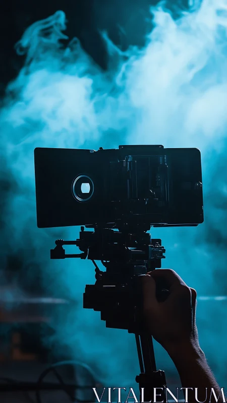Cinema camera silhouette against dramatic blue smoke backdrop.