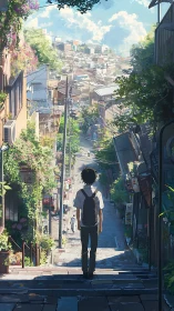 Teenager on city hillside steps overlooking dense district.