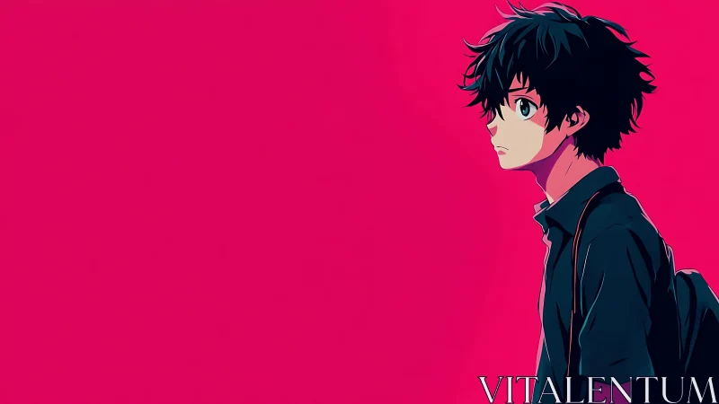 Solitary anime boy in profile against vivid magenta void.
