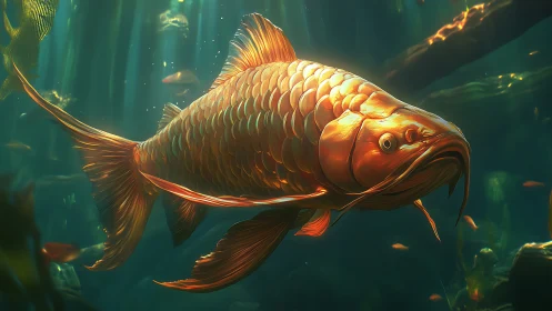 Sunlit koi drifts like molten metal through emerald depths