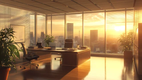 Sunlit executive corner office with panoramic city skyline glazing