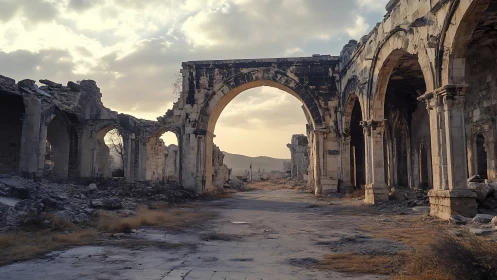 Sunlit stone arches rise over a silent war-torn street.