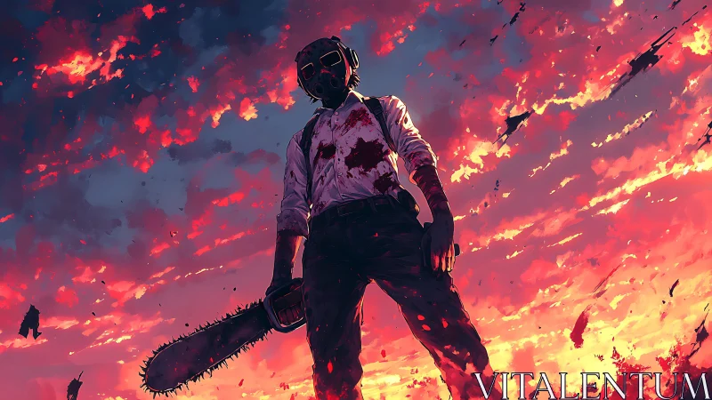 Bloodstained gas‑masked figure dominates apocalyptic sunset sky