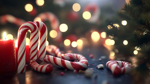 Festive close-up of striped peppermint candy canes and candle