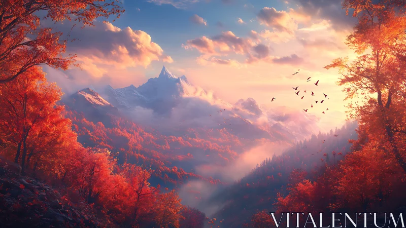 Sunlit alpine peak rises above misty autumn forest valley