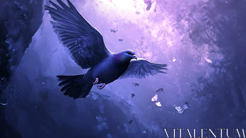Iridescent pigeon in violet atmospheric vortex mid-flight.