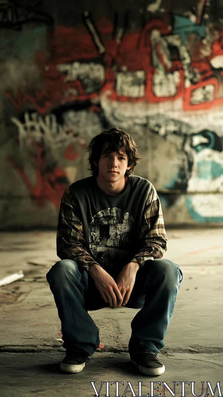 Young man sits in front of blurred graffiti wall background