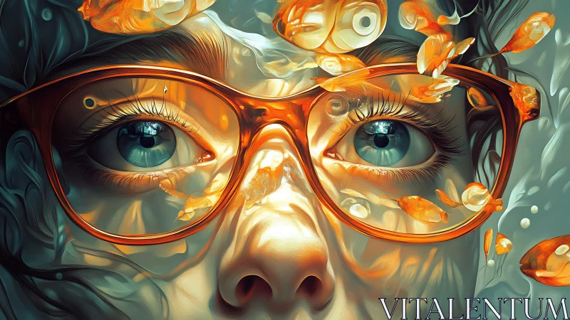 Hyperdetailed portrait merges eyeglasses, koi fish and fluid caustic light fields