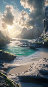 Sunlit alpine cove channels turquoise water through sculpted stone