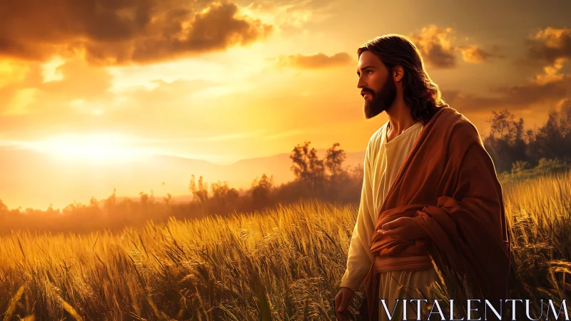 Religious figure in wheat field at sunset under cloudy sky.