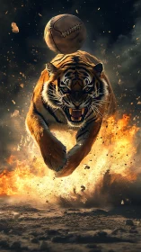 Tiger leaps forward beneath suspended football amid flames