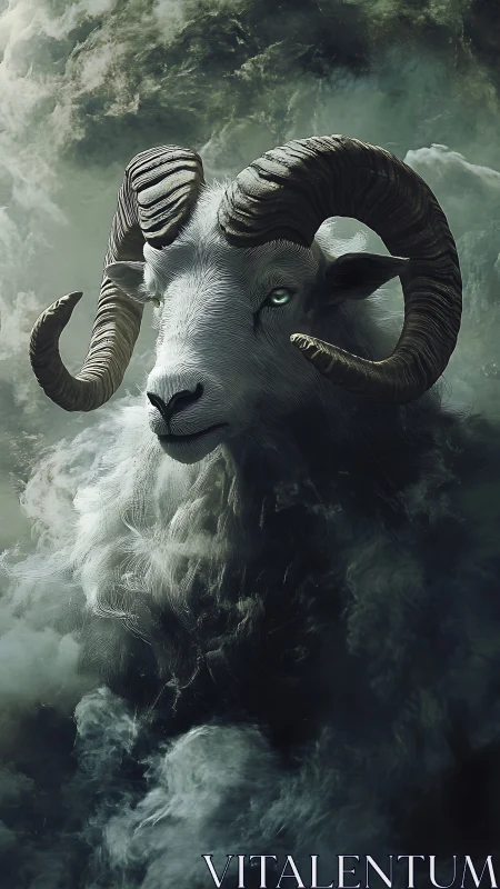 Digital painting of spectral ram emerging from swirling clouds.
