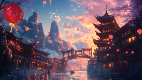Lanternlit mountain city glows under vivid sunset sky.