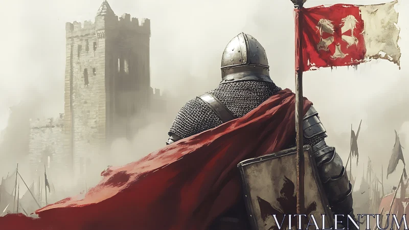 Armored knight observes besieged stone castle through mist